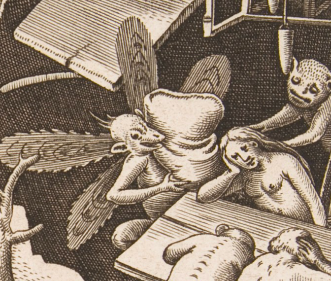 IN A WORD | acedia bruegel, cock print of sloth, detail 1