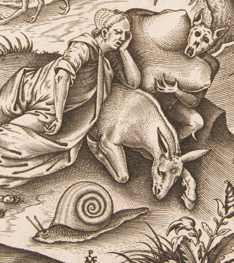 IN A WORD | acedia bruegel, cock print of sloth, detail 2